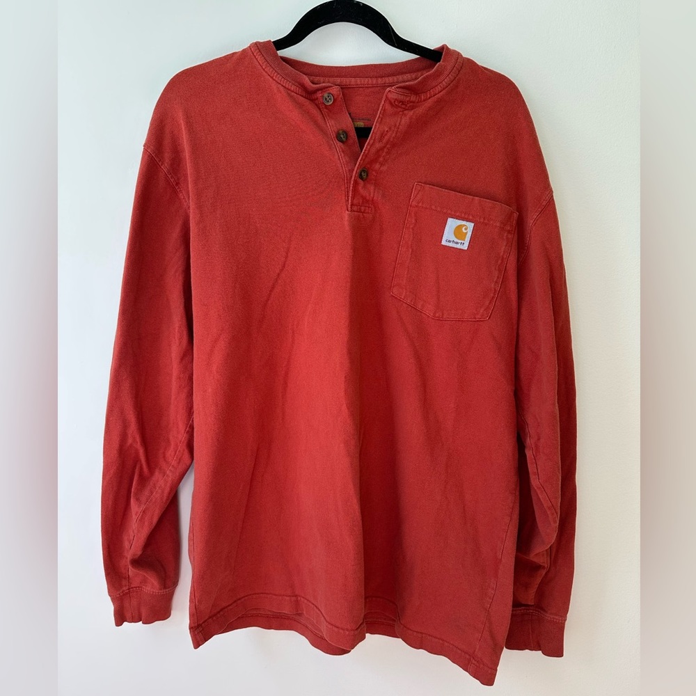 Burnt orange / red Carhartt long sleeve three buttoned shirt